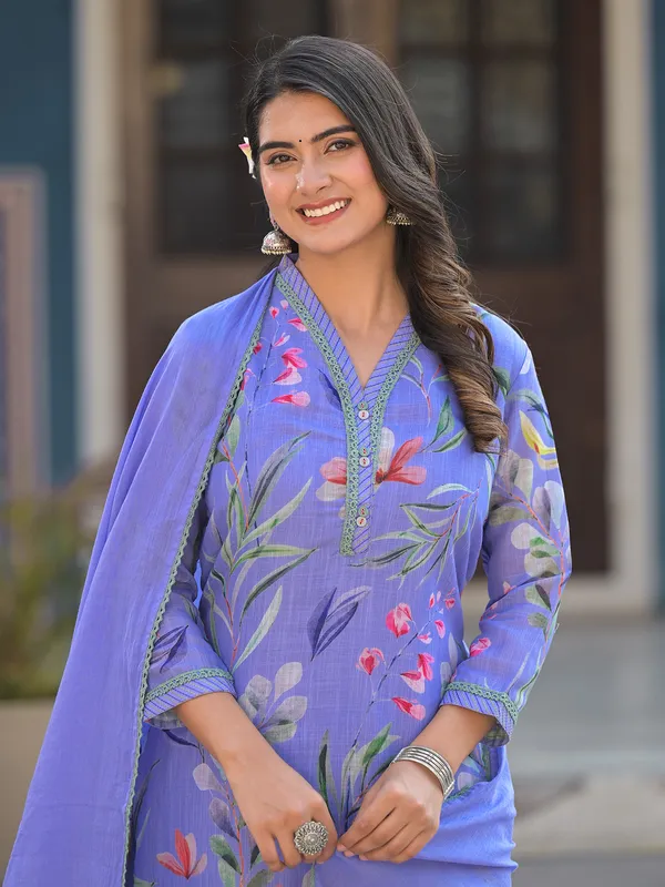 Lavender floral print cotton kurti set