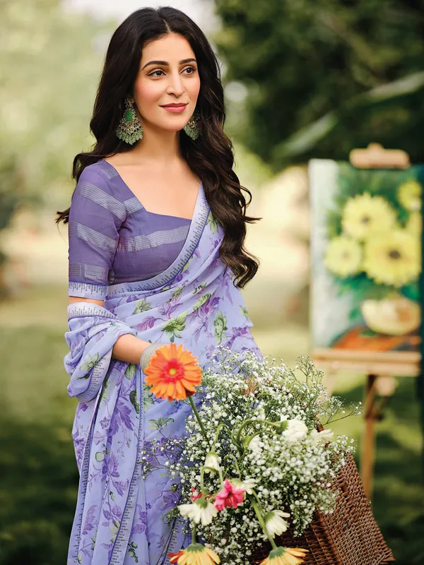 Lavender georgette printed saree for casual wear