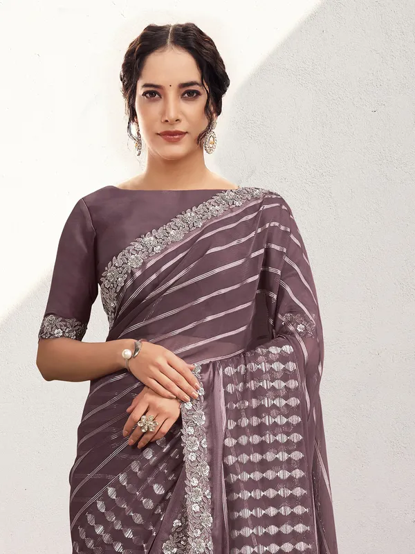 Lavender georgette saree with sequins and zari detailing