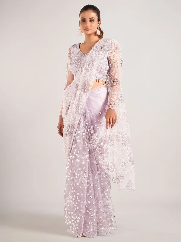Lavender net saree for reception