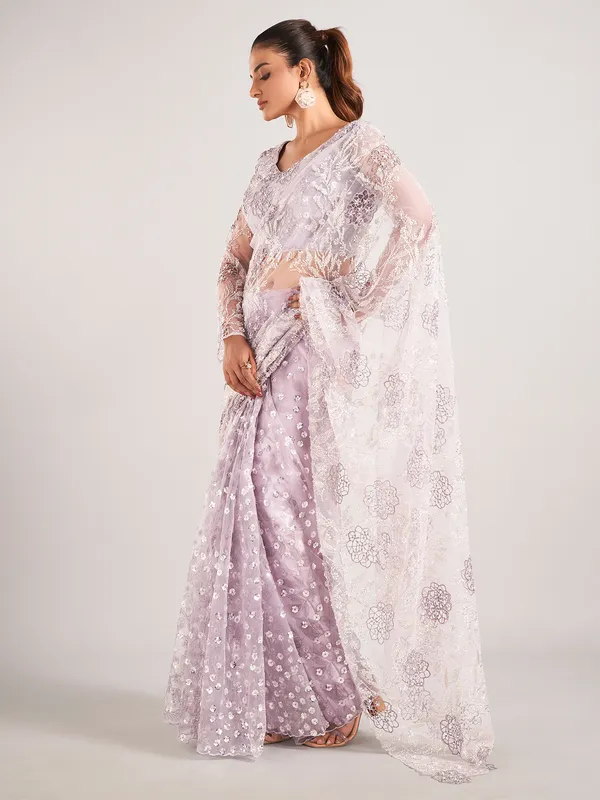 Lavender net saree for reception