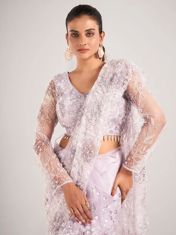 Lavender net saree for reception