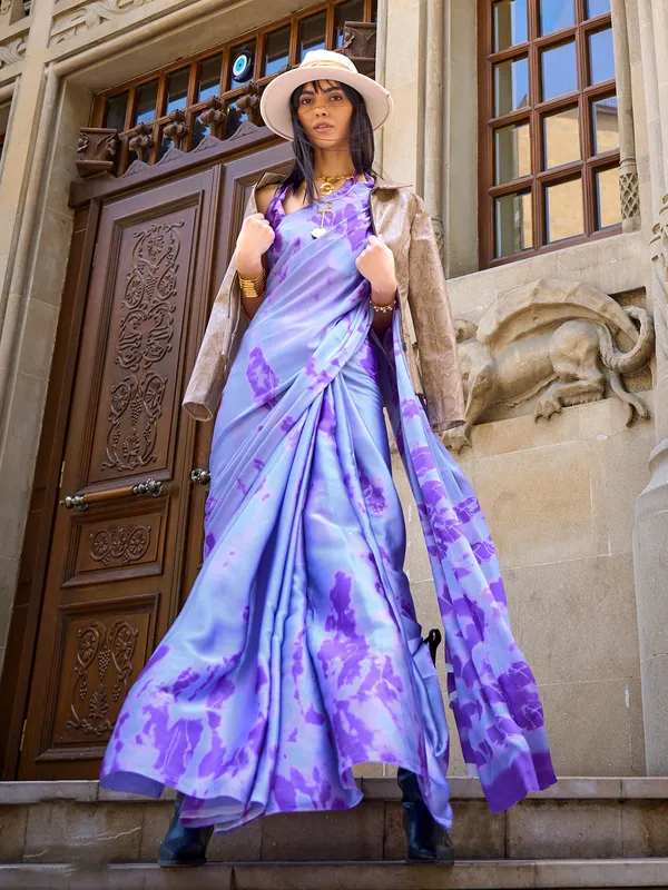 Lavender printed satin crepe saree