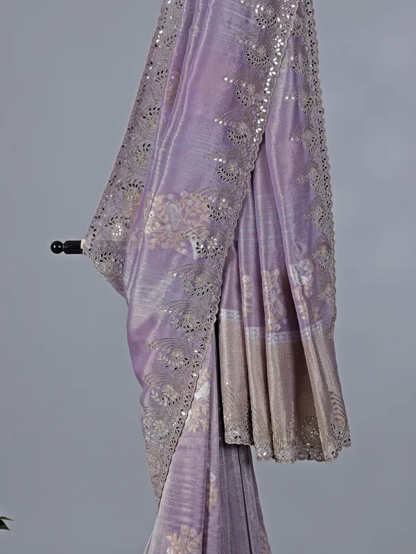 Lavender purple dola tissue silk saree with zardosi work