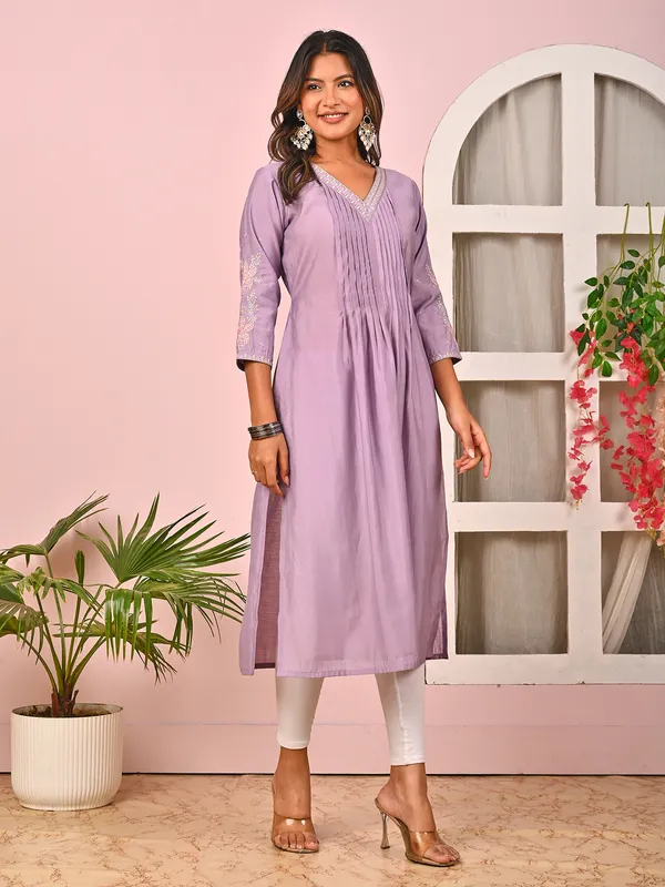 Lavender purple embroidered cotton silk kurti