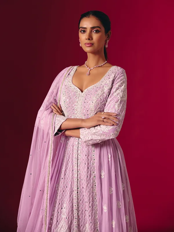 Lavender purple georgette mirror work festive suit