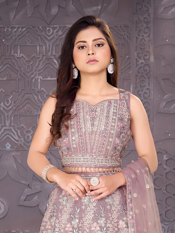 Lavender purple net lehenga choli with mirror detailing