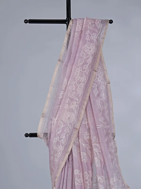 Lavender purple semi organza saree with embroidery accents