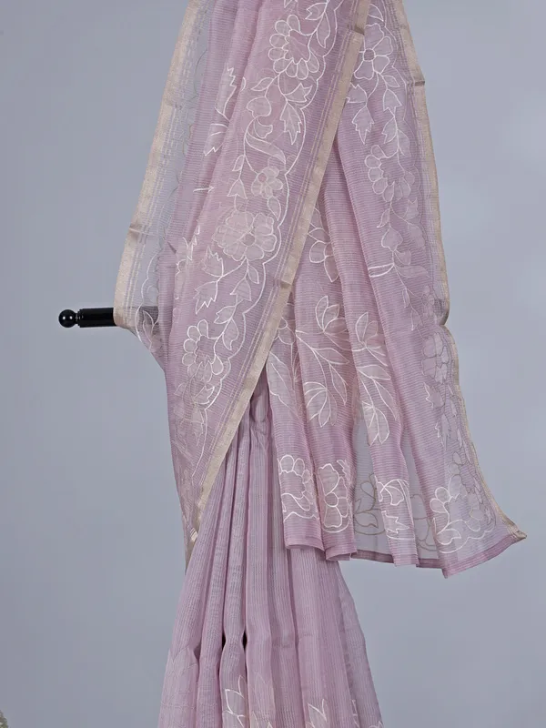 Lavender purple semi organza saree with embroidery accents