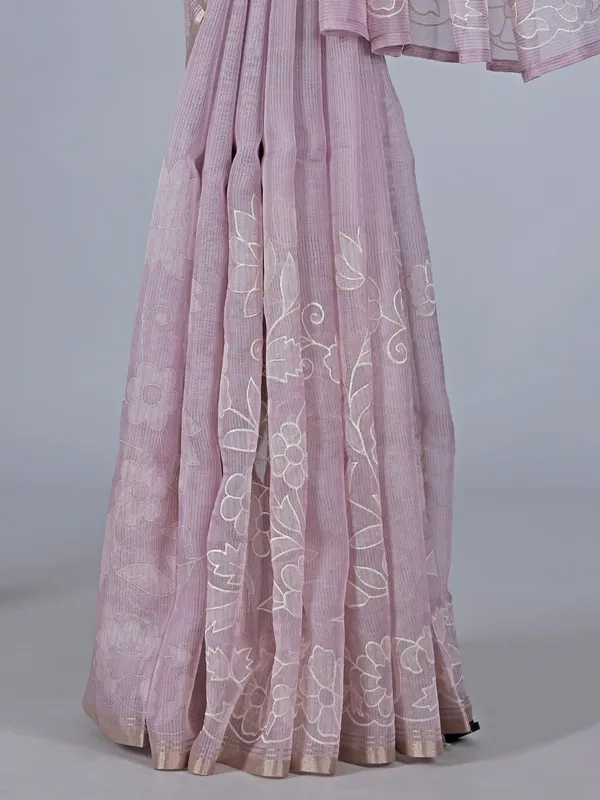 Lavender purple semi organza saree with embroidery accents