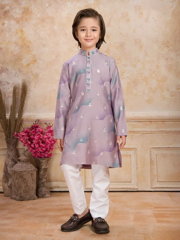 Lavender purple sequins printed cotton silk kurta suit