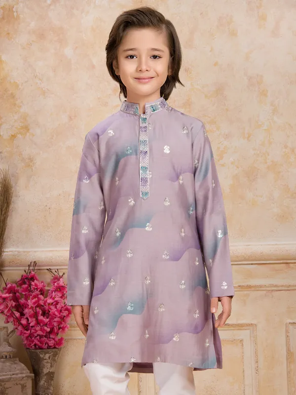 Lavender purple sequins printed cotton silk kurta suit