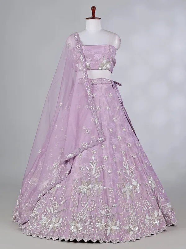 Lavender purple silk lehenga choli with zari detailing
