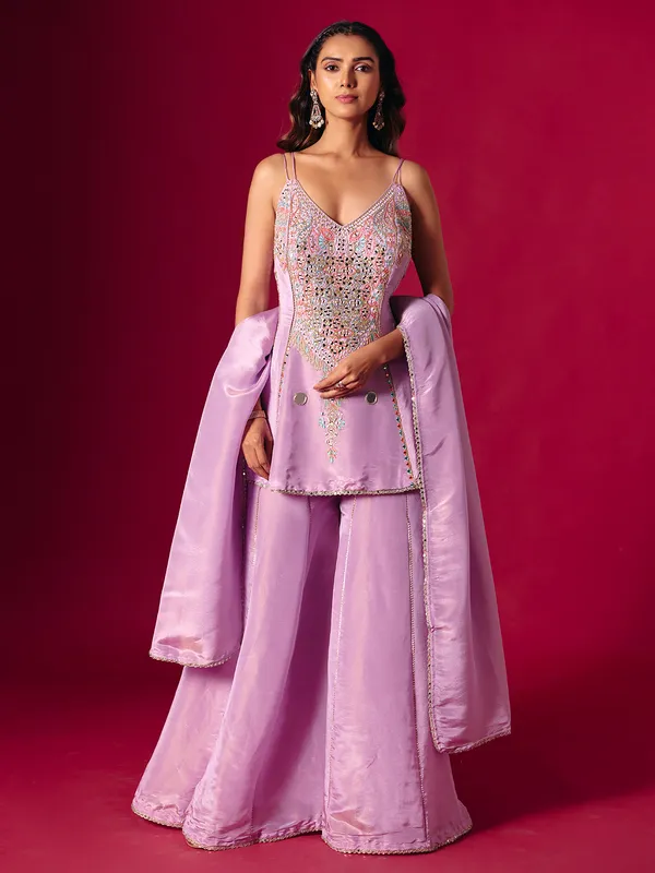 Lavender purple silk mirror work palazzo suit