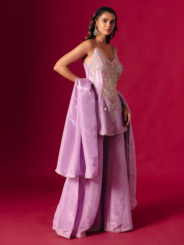 Lavender purple silk mirror work palazzo suit