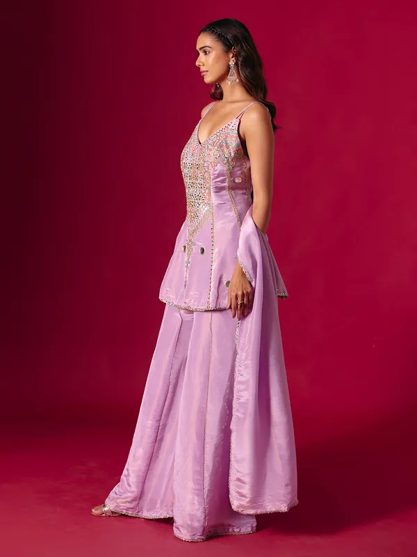 Lavender purple silk mirror work palazzo suit