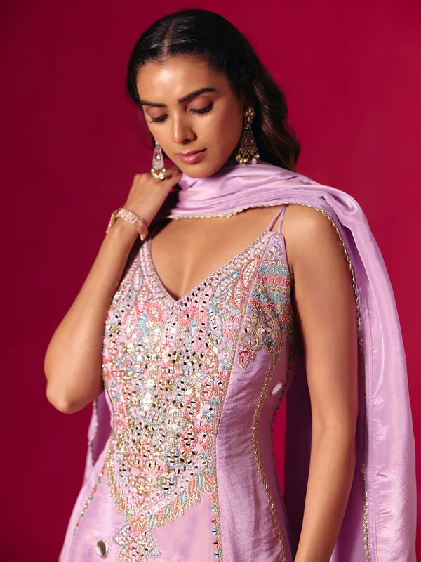 Lavender purple silk mirror work palazzo suit