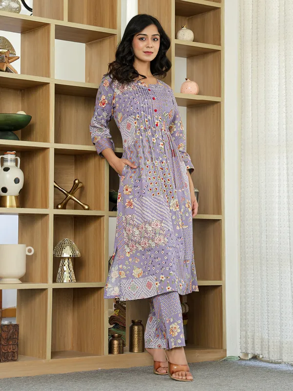 Lavender purple silk printed kurti set