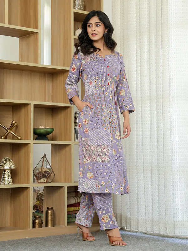 Lavender purple silk printed kurti set