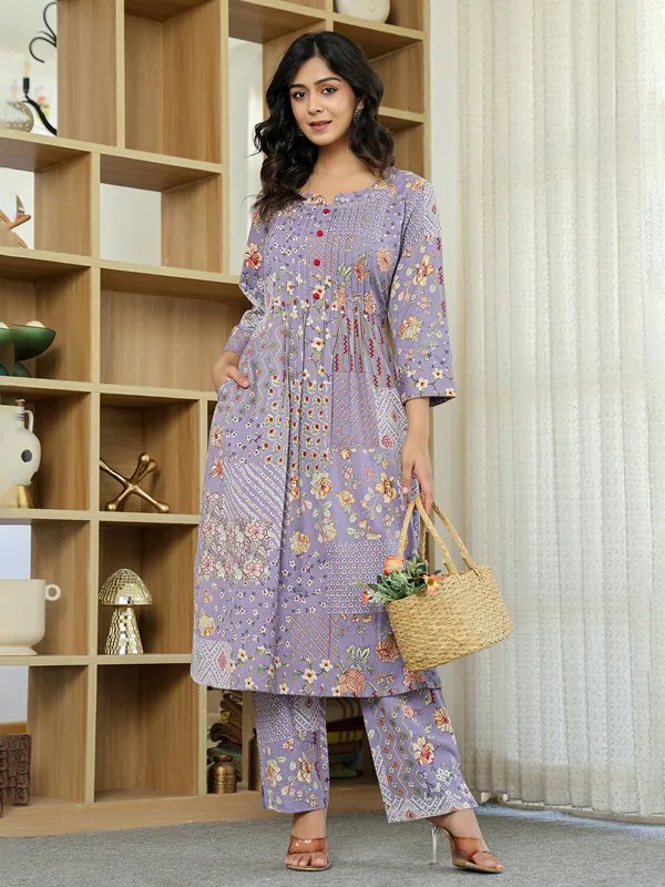 Lavender purple silk printed kurti set