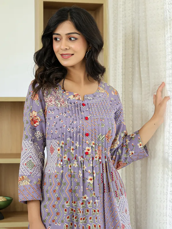 Lavender purple silk printed kurti set