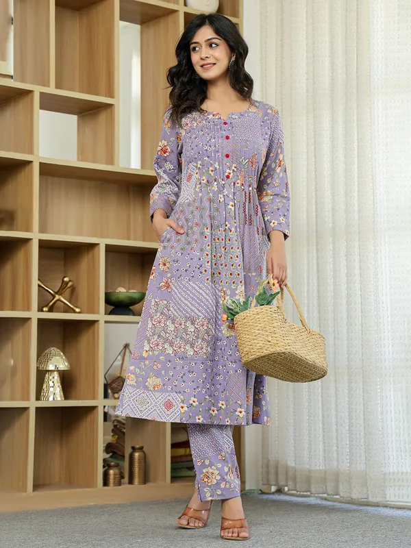 Lavender purple silk printed kurti set