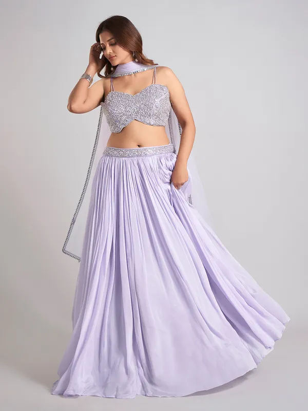 Lavender purple silk sleeveless lehenga choli with dupatta
