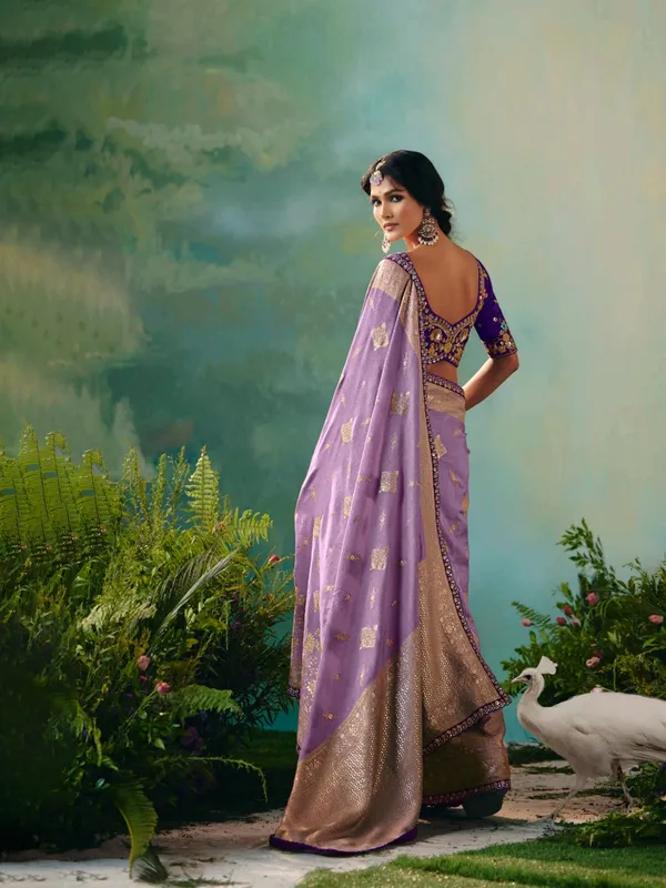 Lavender purple viscose dola silk saree with zari work