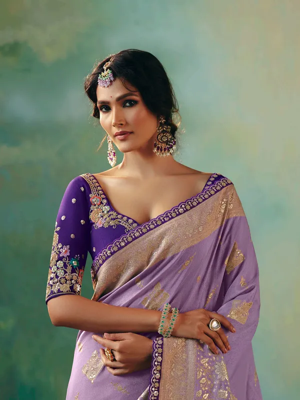 Lavender purple viscose dola silk saree with zari work