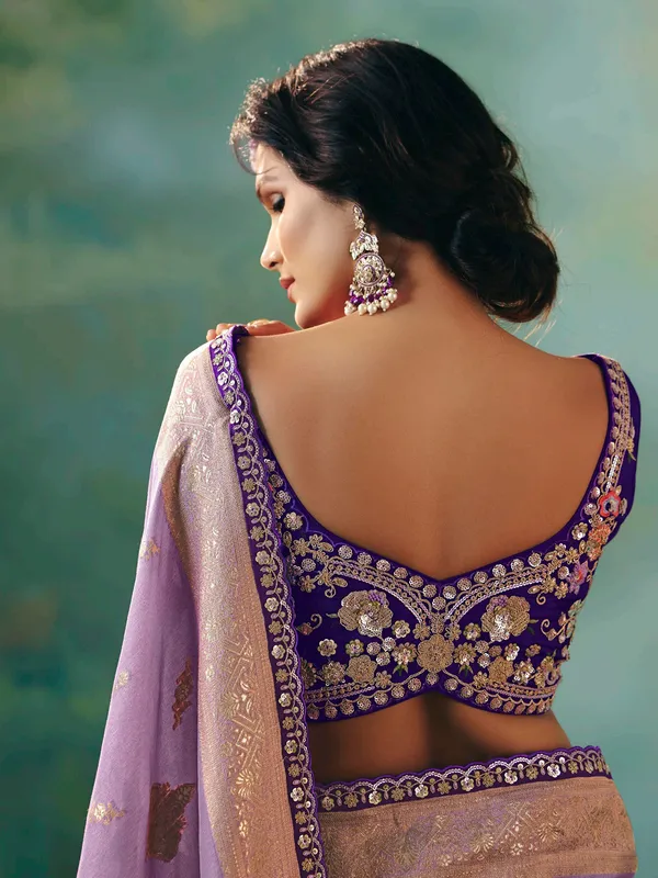 Lavender purple viscose dola silk saree with zari work