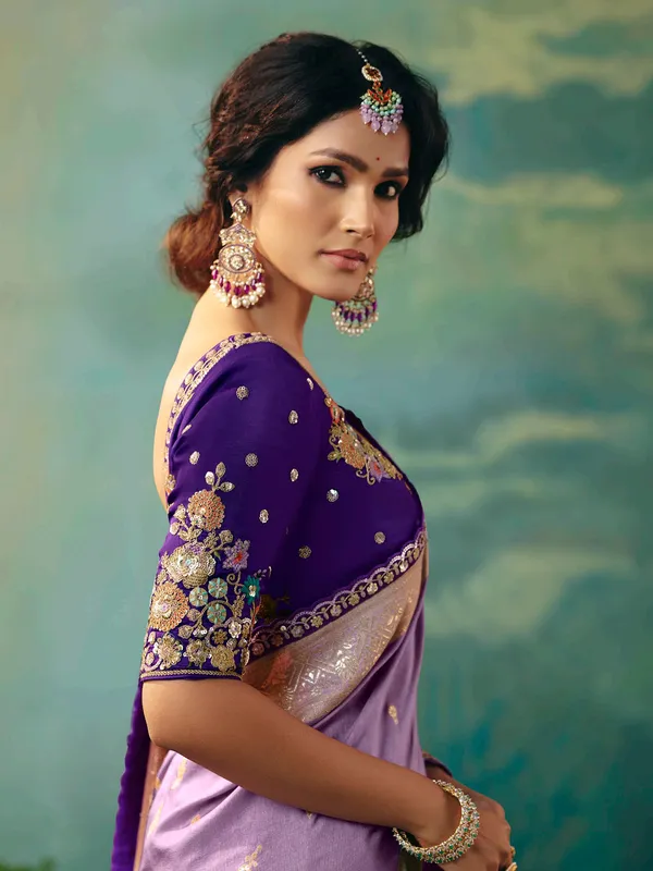 Lavender purple viscose dola silk saree with zari work