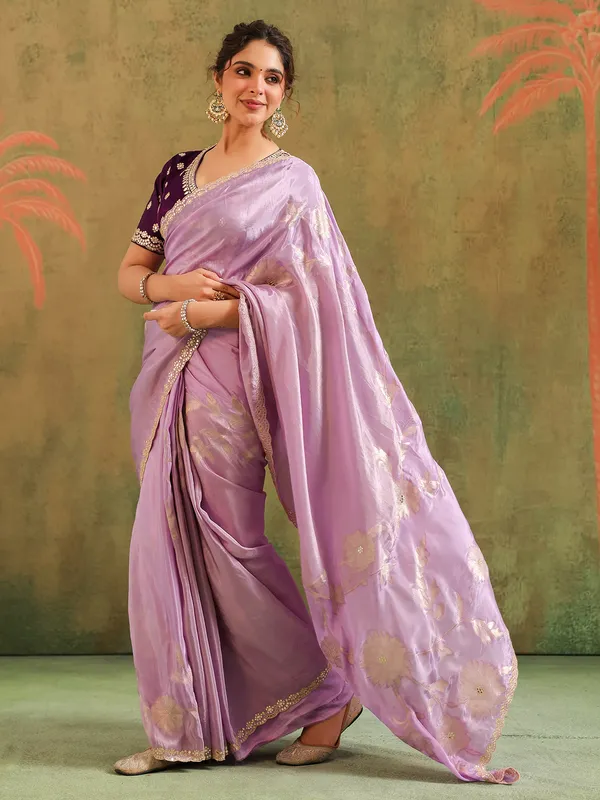 Lavender silk festive wear saree with zari work