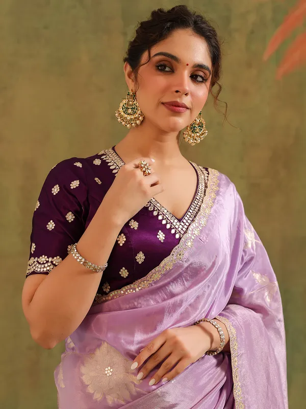 Lavender silk festive wear saree with zari work