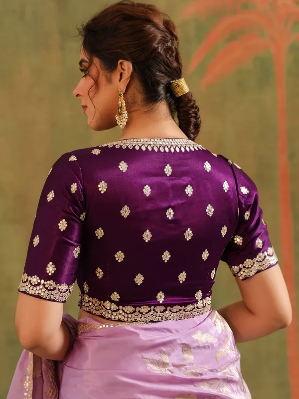 Lavender silk festive wear saree with zari work