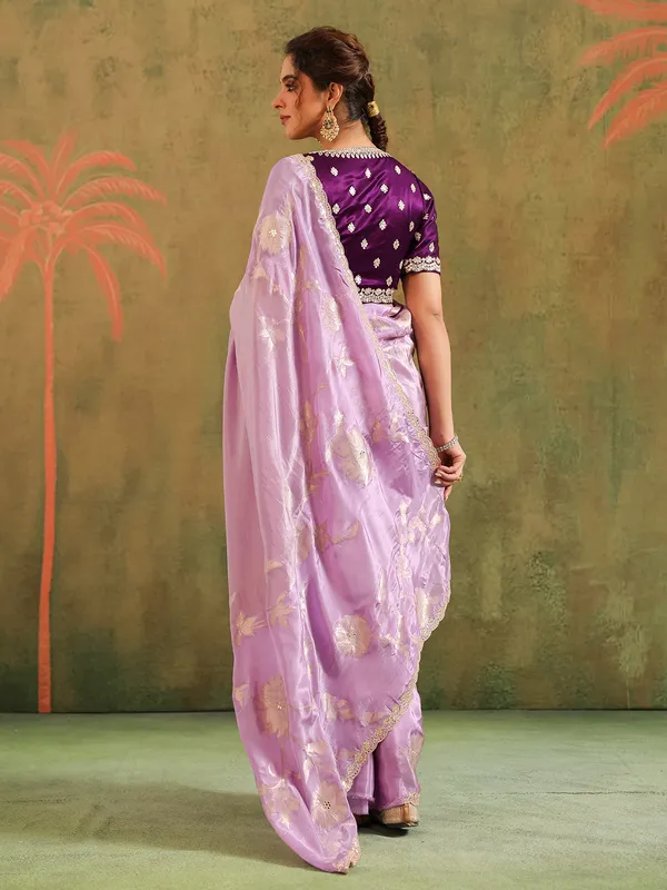 Lavender silk festive wear saree with zari work