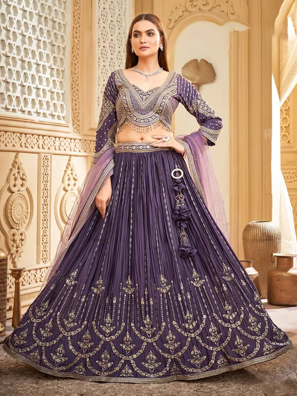 Lavender silk lehenga choli with zari sequins work