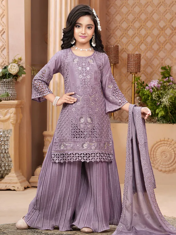 Lavender silk palazzo suit with pearls and cutwork