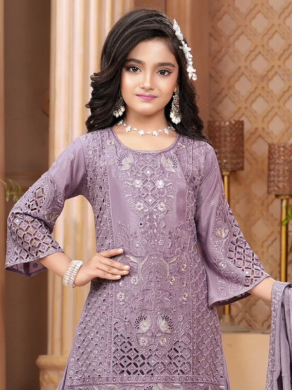 Lavender silk palazzo suit with pearls and cutwork