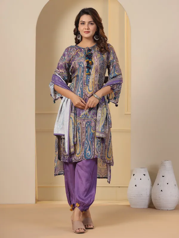 Lavender silk printed kurti set