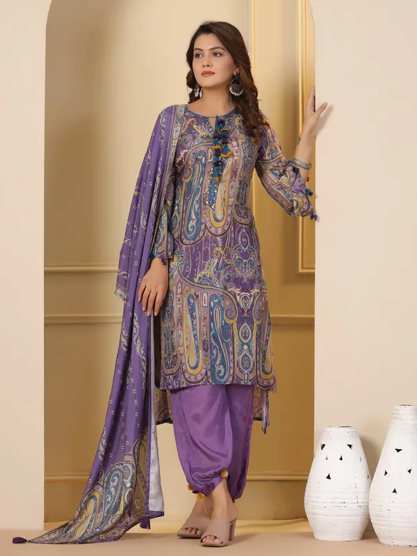 Lavender silk printed kurti set