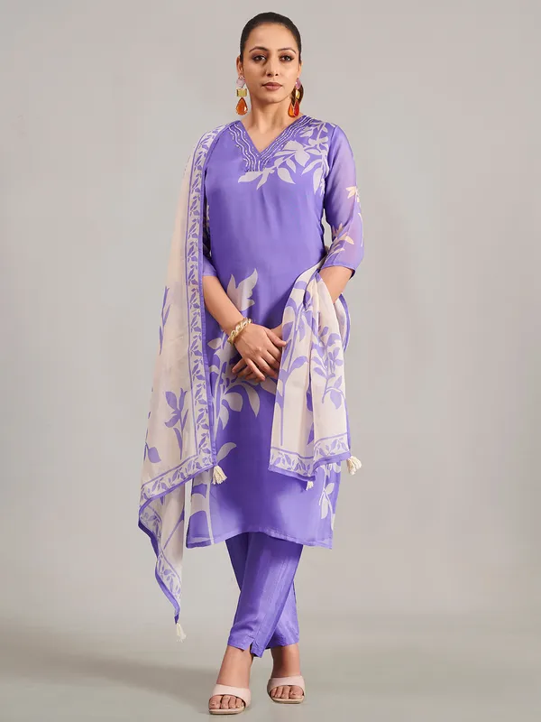 Lavender silk printed salwar suit
