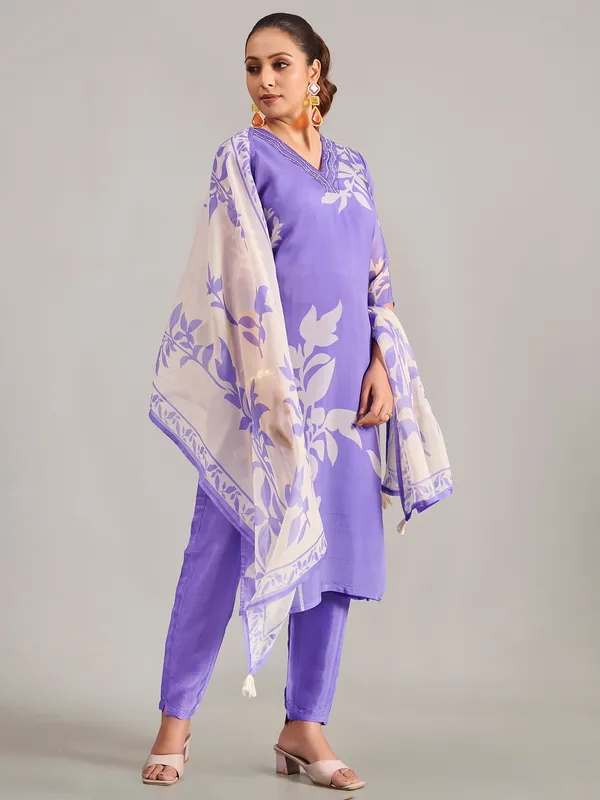 Lavender silk printed salwar suit