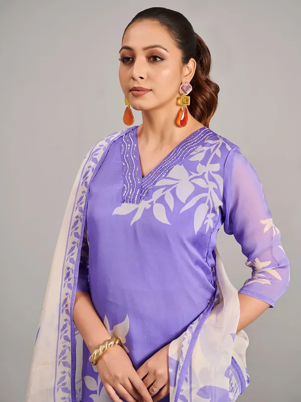 Lavender silk printed salwar suit