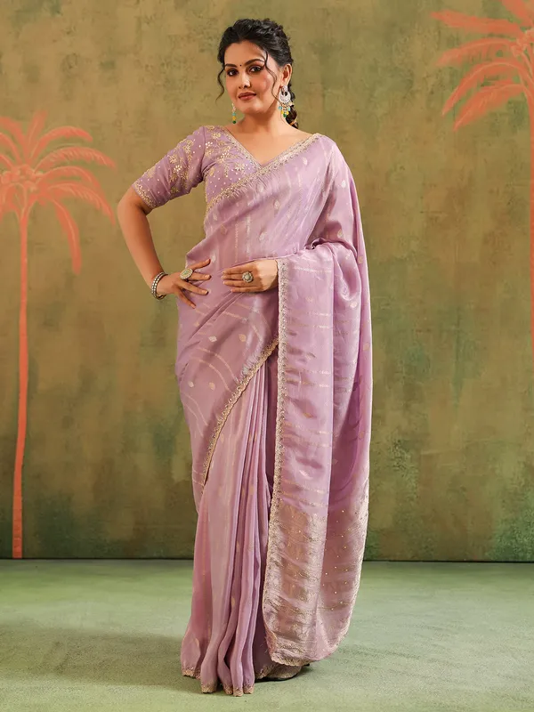 Lavender silk zari worked saree for festive wear