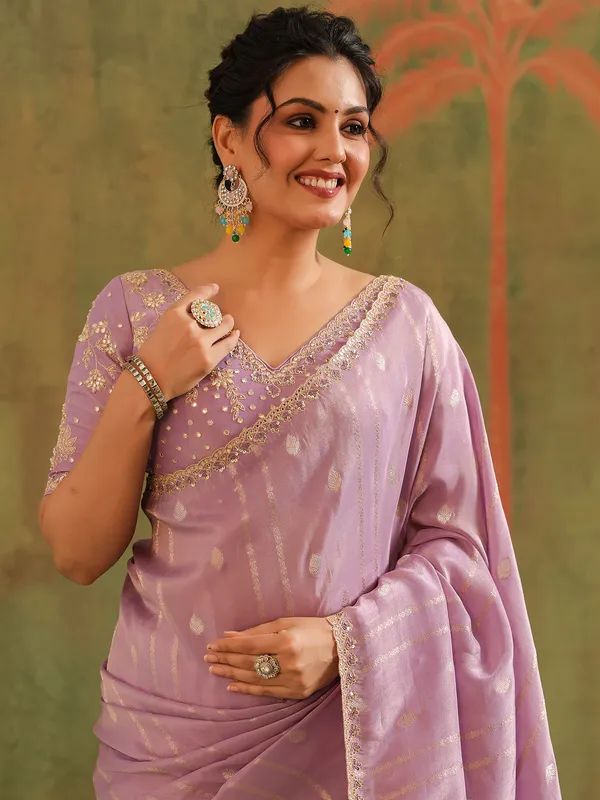Lavender silk zari worked saree for festive wear