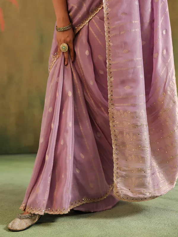 Lavender silk zari worked saree for festive wear