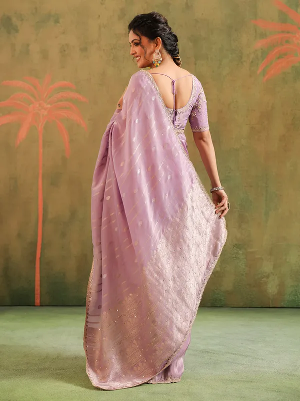 Lavender silk zari worked saree for festive wear