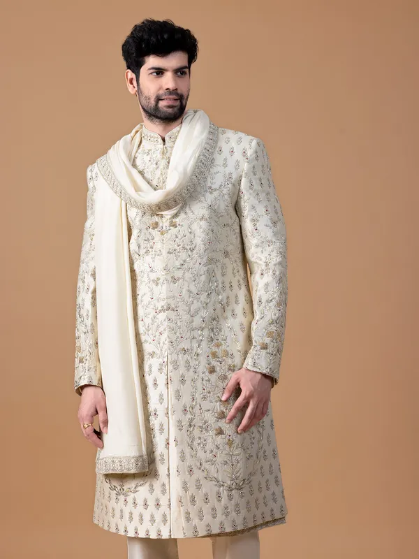 Lavish cream raw silk sherwani