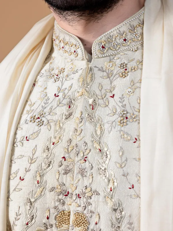 Lavish cream raw silk sherwani