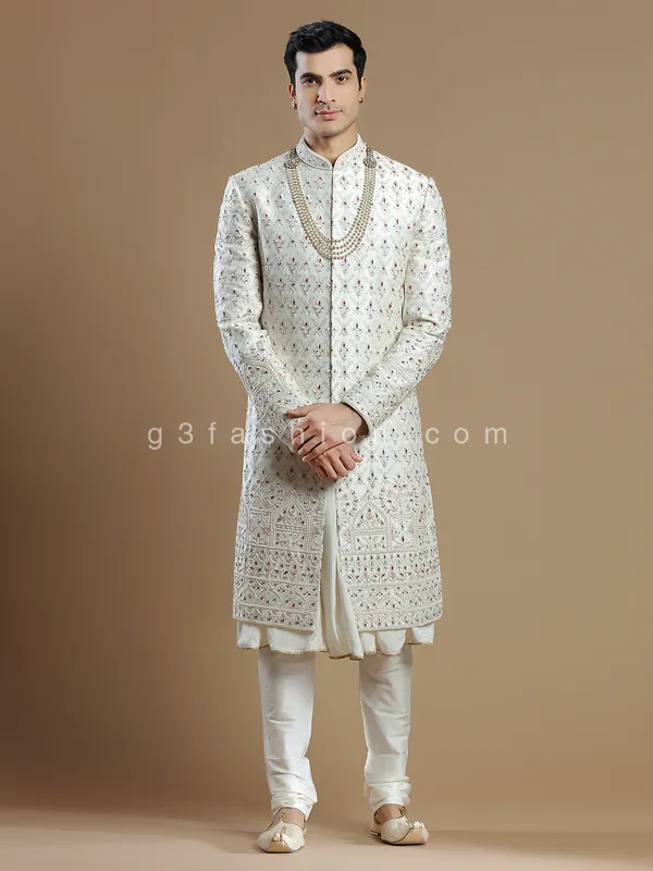Lavish groom wear raw silk sherwani in cream
